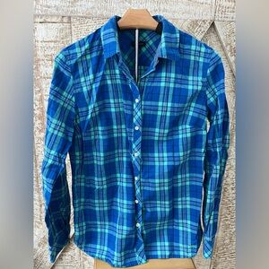 Talbots Blue & Green Plaid Button-Up 100% Cotton Blouse size Medium